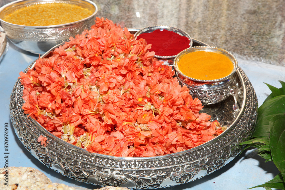 turmeric and kumkum powder in silver bowl for pooja turmeric and kumkum powder in silver bowl for pooja
