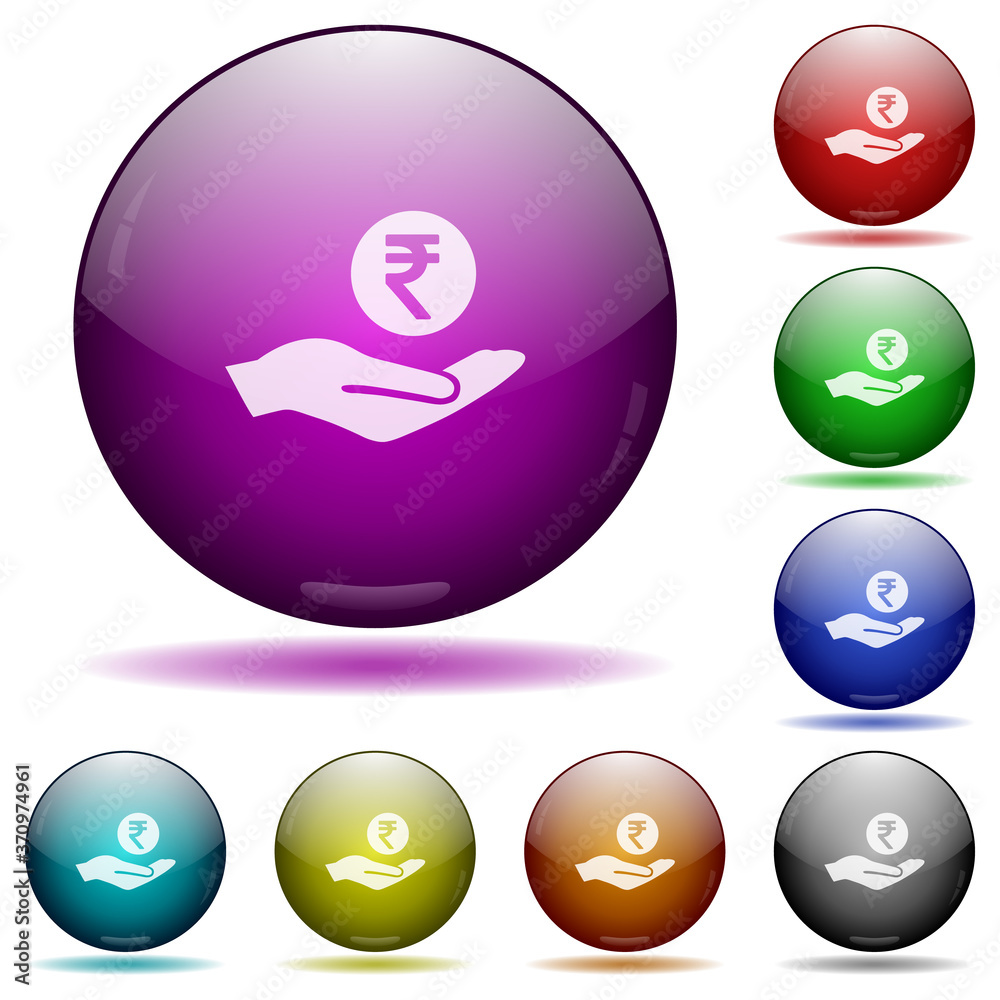 Indian rupee earnings icon in glass sphere buttons Indian rupee earnings icon in glass sphere buttons