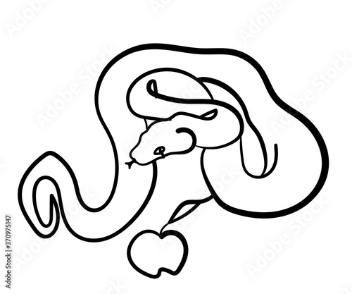 Snake with an apple. Temptation symbol. One line drawing.