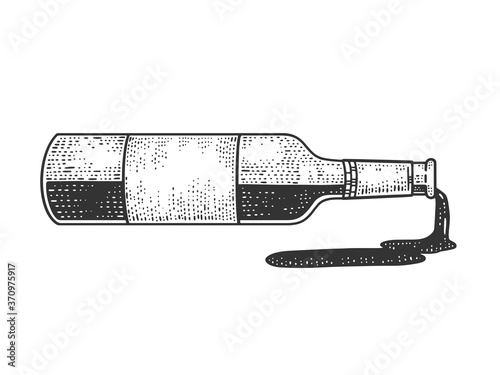 spilled wine from the bottle sketch engraving vector illustration. T-shirt apparel print design. Scratch board imitation. Black and white hand drawn image.