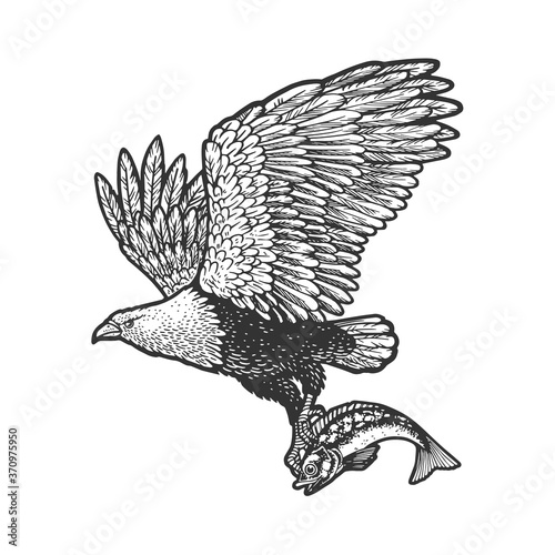 eagle carries the fish sketch engraving vector illustration. T-shirt apparel print design. Scratch board imitation. Black and white hand drawn image.