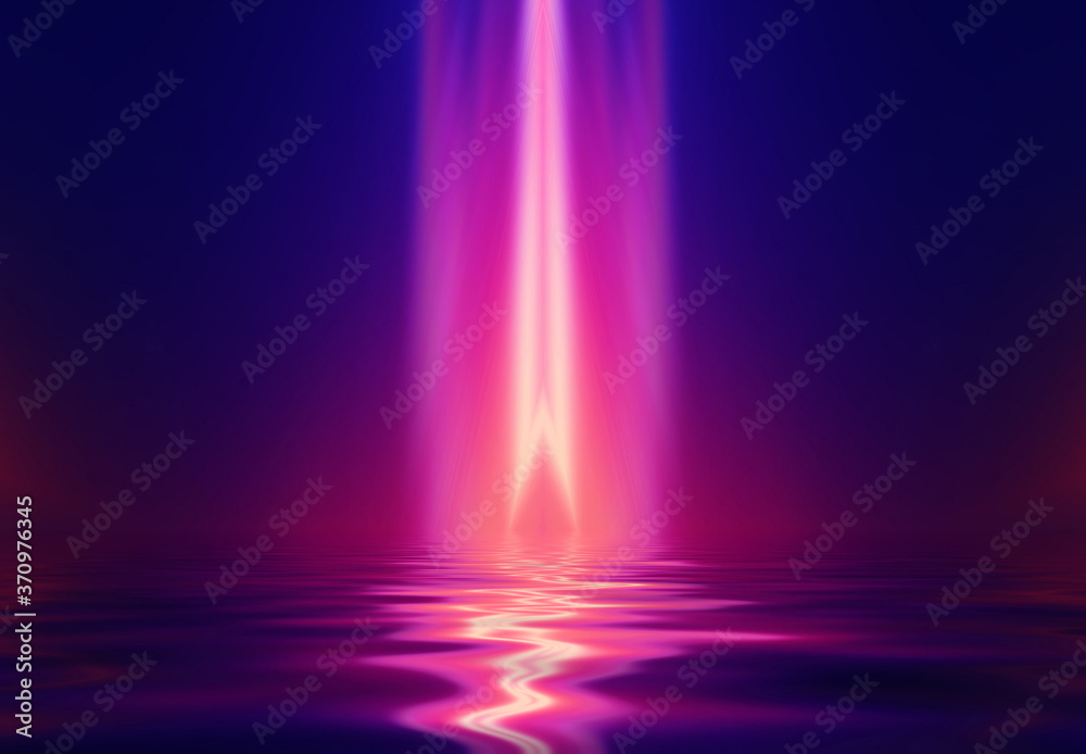 Abstract dark futuristic background. Neon rays of light are reflected from the water. Background of empty stage show, beach party. 3d illustration Abstract dark futuristic background. Neon rays of light are reflected from the water. Background of empty stage show, beach party. 3d illustration