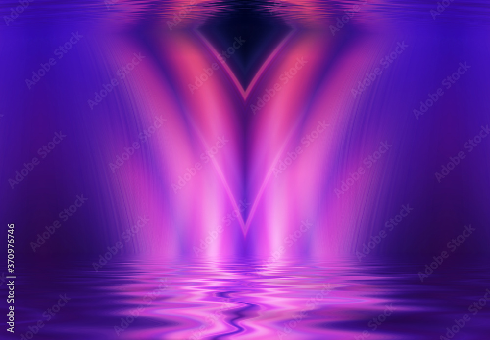Abstract dark futuristic background. Neon rays of light are reflected from the water. Background of empty stage show, beach party. 3d illustration Abstract dark futuristic background. Neon rays of light are reflected from the water. Background of empty stage show, beach party. 3d illustration
