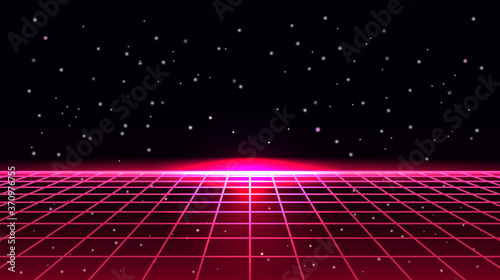 3D illustration. Futuristic perspective grid against cosmic starry sky