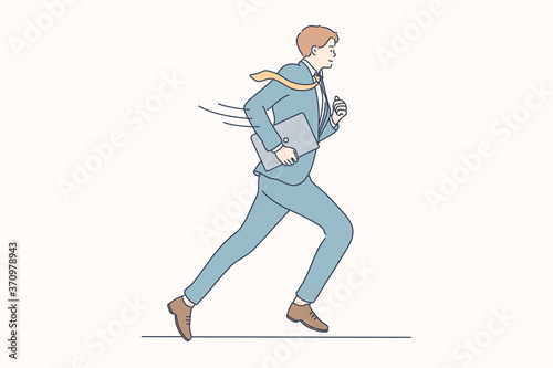 Business, rush, job, race, delay concept. Young motivated happy smiling businessman guy clerk manager cartoon character running with laptop. Participation in competition or hurry at work illustration.
