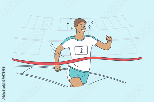 Triumph, sport, victory, success, championship concept. Young happy excited smiling african american man guy athlete runner crosses finish line with ribbon at human race. Goal achievement illustration