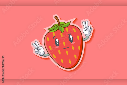 REALLY, ATTENTIVE, Curios Face Emotion. Double Peace Hand Gesture. Red Strawberry Fruit Cartoon Drawing Mascot Illustration.