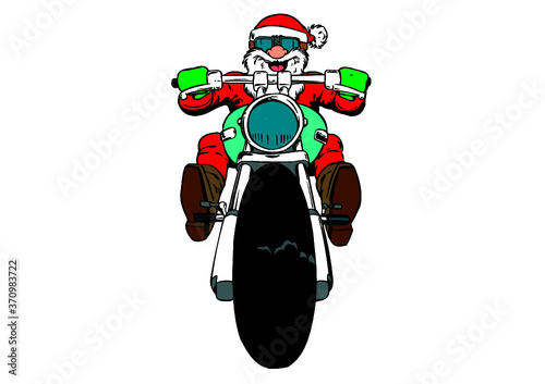 Santa funny cartoon style Santa biker on a motorcycle 