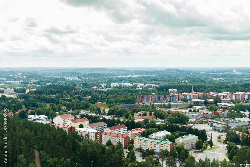 Lahti, Finland - 4 August 2020: View to Lahti city from ski jump tower Suurmaki