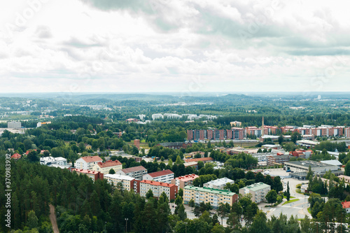 Lahti, Finland - 4 August 2020: View to Lahti city from ski jump tower Suurmaki