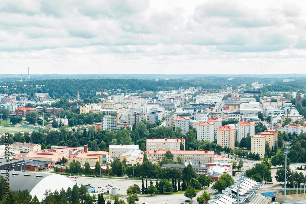 Lahti, Finland - 4 August 2020: View to Lahti city from ski jump tower Suurmaki