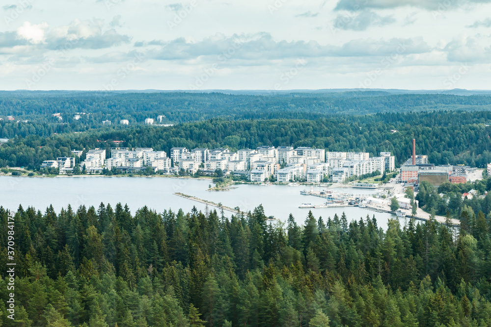 Aerial summer view to Lahti harbor from ski jump tower