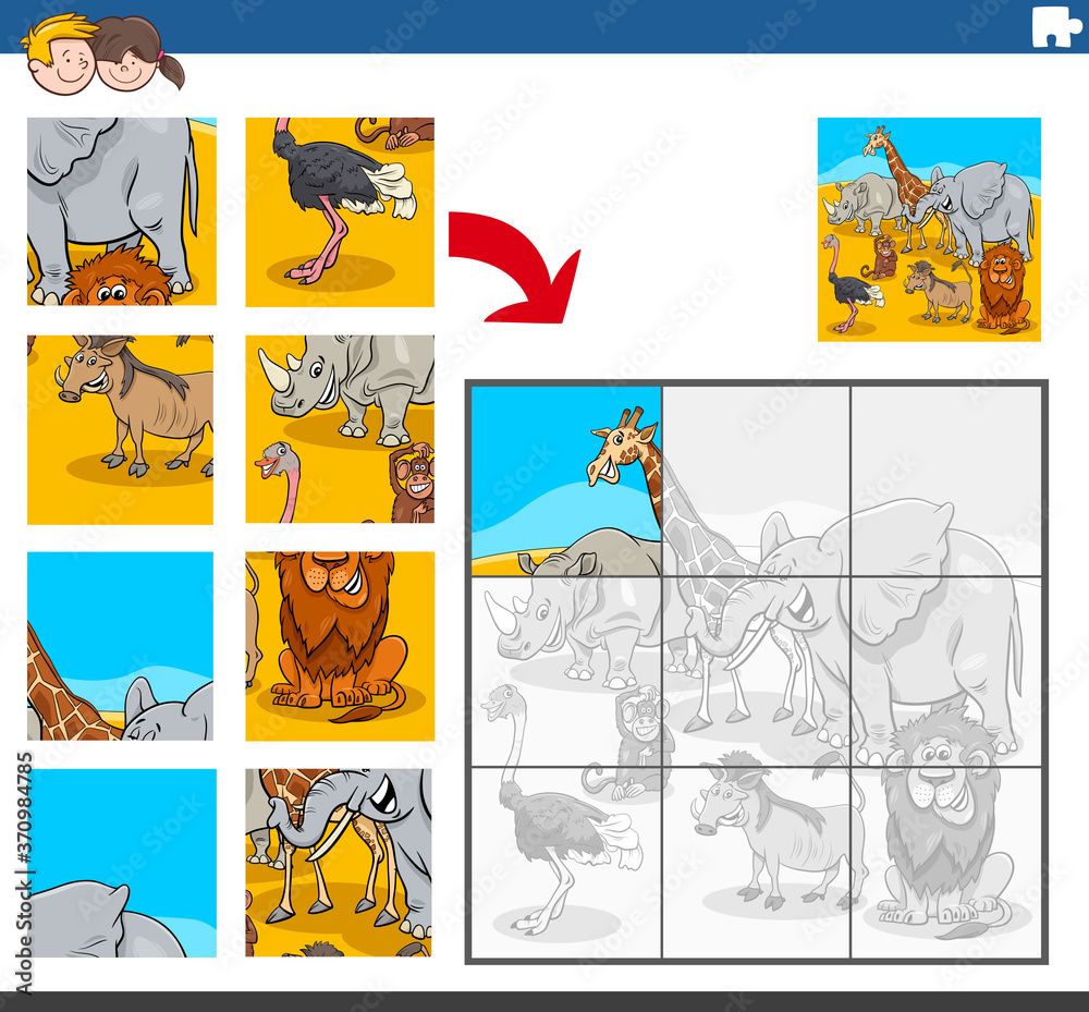 jigsaw puzzle task with African animal characters jigsaw puzzle task with African animal characters