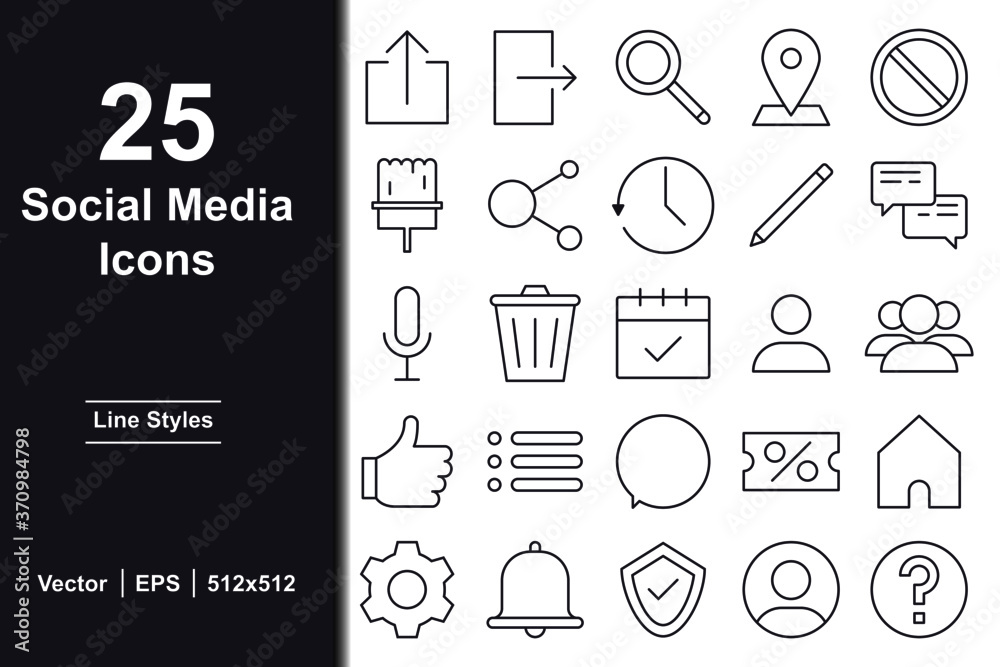 Social media icons set with line styles for interface, templates, ui design. Consists of icons such as home, delete, menu, search, settings, notifications. 512x512 pixel. Social media icons set with line styles for interface, templates, ui design. Consists of icons such as home, delete, menu, search, settings, notifications. 512x512 pixel.