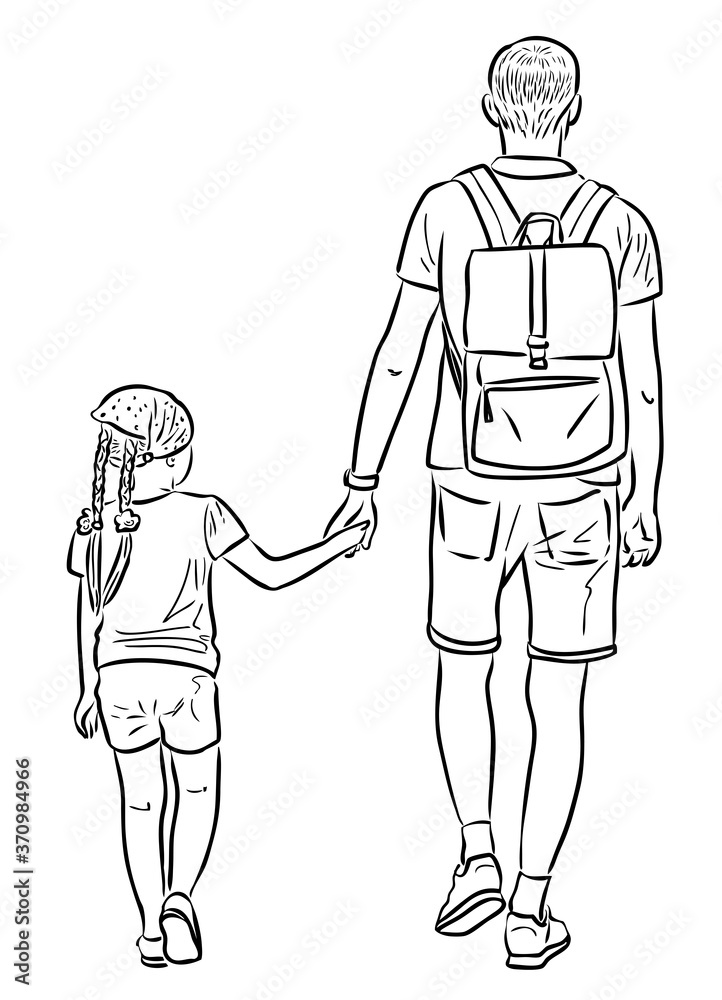 Contour drawing of young father with his little daughter going for a walk Contour drawing of young father with his little daughter going for a walk