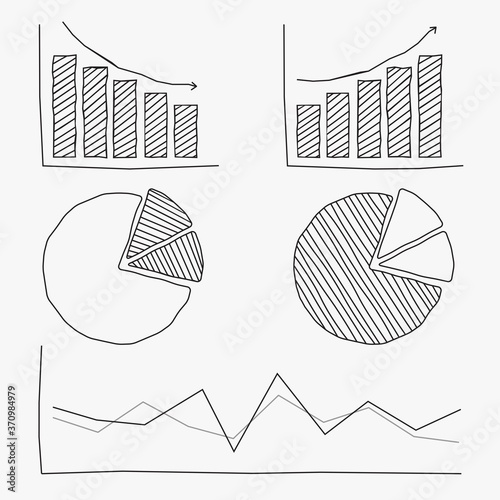 isolated black childish hand drawn lines art of graph, chart, diagram, pie, bar, line symbol for representation information of education, business, marketing, finance, investing etc. vector design.