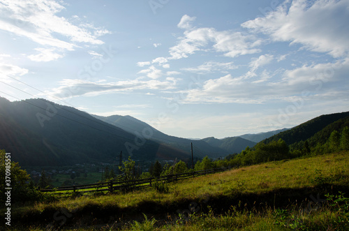 Sunny panorama view in the Carpathian mountains, Ukraine
