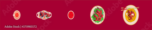 set of seafood. prawn sauce and more isolated on red background