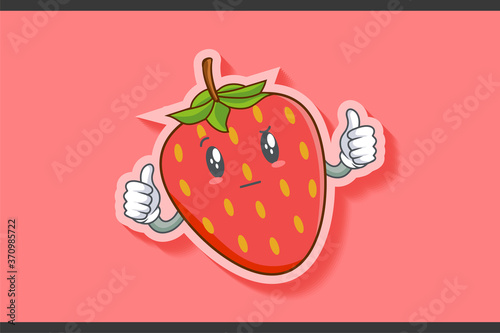 REALLY, ATTENTIVE, Curios Face Emotion. Double Thumb Up Hand Gesture. Red Strawberry Fruit Cartoon Drawing Mascot Illustration.