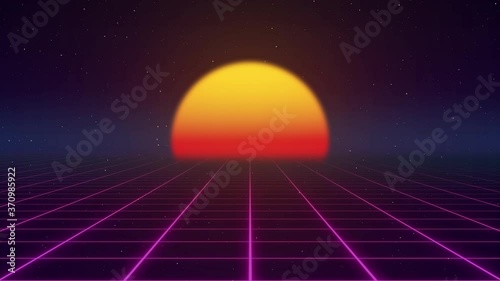 Retro 80s style grid sun stars old tv screen animation background
