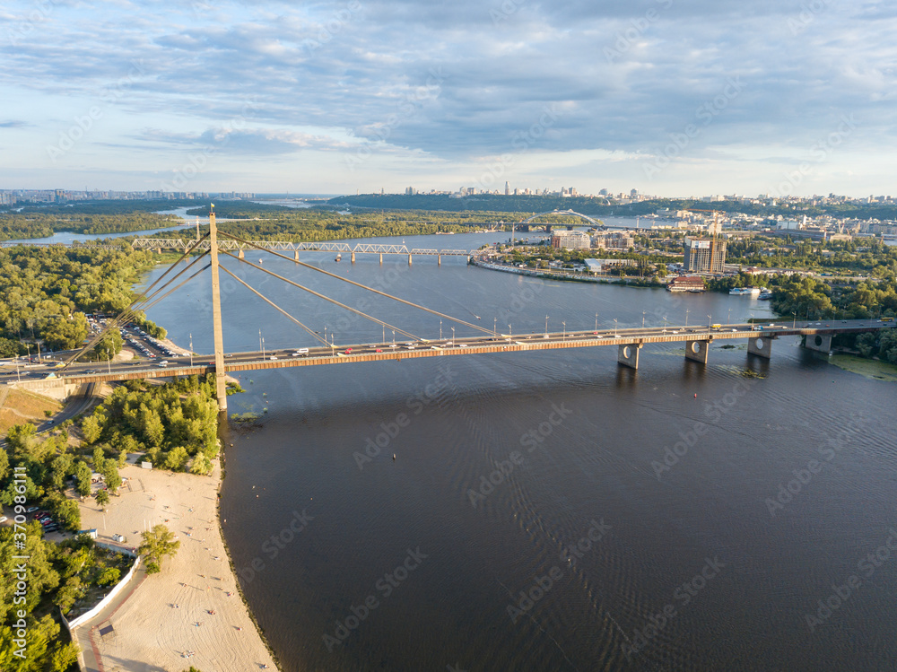 Aerial drone view of the North Bridge over the Dnieper in Kiev.