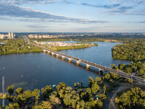 Aerial drone view of the North Bridge over the Dnieper in Kiev.