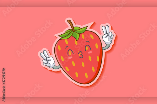 KISS, FLIRTY, SMILING EYE Face Emotion. Double Peace Hand Gesture. Red Strawberry Fruit Cartoon Drawing Mascot Illustration.