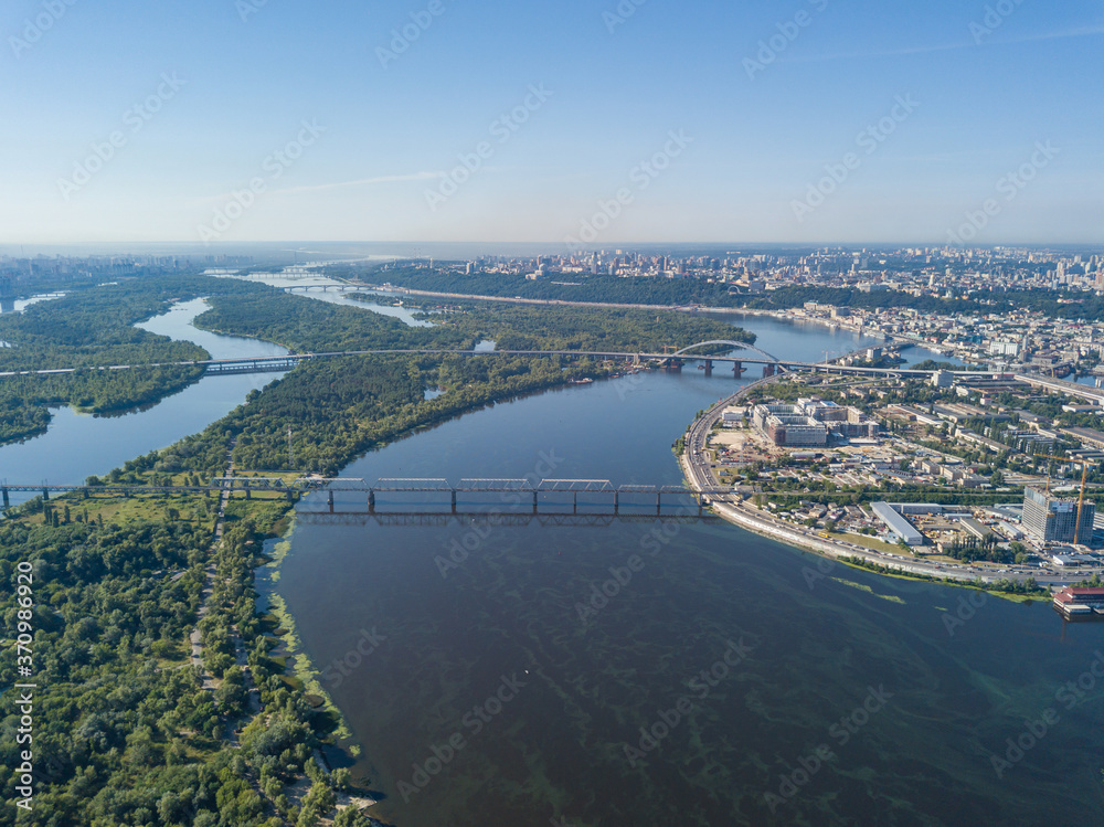 Aerial drone view of the Dnieper River in Kiev