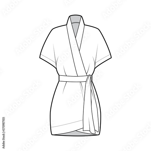 Kimono technical fashion illustration with relaxed fit, short batwing sleeves, belt to cinch the waist, above-the-knee length. Flat apparel blouse template front, white color. Women men unisex shirt