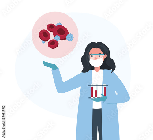 Woman scientists shows blood cells infected with virus. Flat vector illustration.