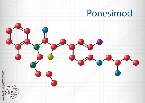 Ponesimod, experimental anti-inflammatory drug molecule. Treatment of multiple sclerosis MS and psoriasis. Sheet of paper in a cage