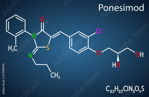 Ponesimod, experimental anti-inflammatory drug molecule. Treatment of multiple sclerosis MS and psoriasis. Structural chemical formula on the dark blue background