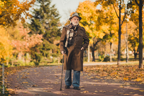 Full length photo of retired grey hair grandpa man walk desert park stick sunny day serious facial expression wear long coat headwear scarf spectacles autumn colors street road path outdoors © deagreez