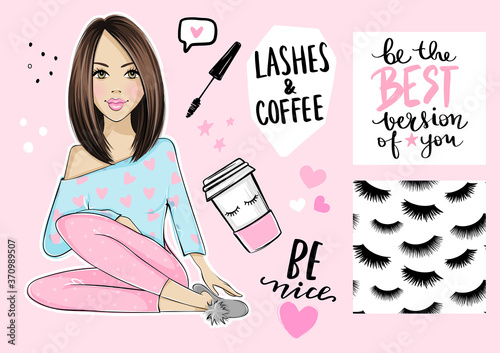 Beautiful girl, seamless pattern with lashes, poster with inspirational quote, mascara and Paper coffee cup.