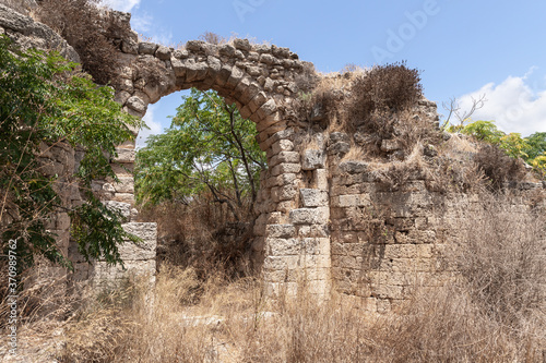 Remains  of the old ruins of the Kafarlet fortress. It was the property of the Lords of Caesarea, then became property of Hospitallers. Captured by Baybars in 1291. Near Atlit city in northern Israel photo