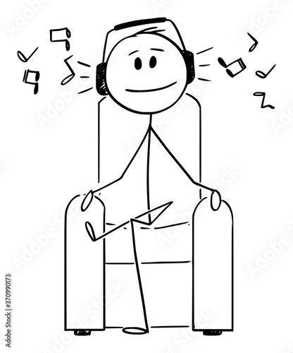 Vector cartoon stick figure drawing conceptual illustration of man with headphone sitting in armchair hearing music and enjoying it.