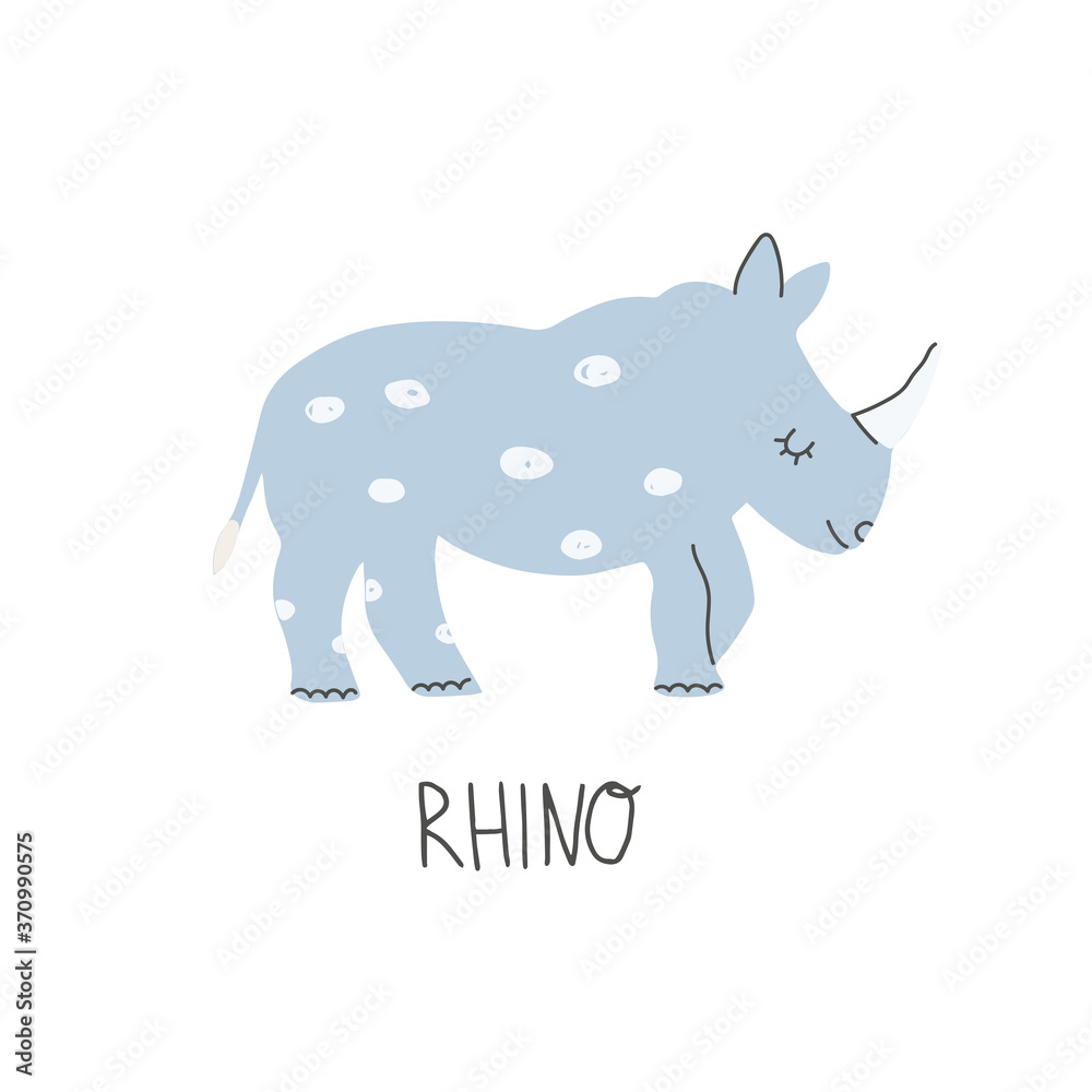 Fototapeta premium Hand Drawn African rhino. Cute doodle animal card. Scandinavian colorful childish illustration.