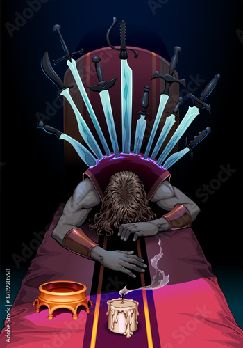 Ten of Swords. Vector illustration.
In the Tarot, it indicates a state of mind of maximum suffering, and a sense of total defeat. However, ten being the last number, it portends a rebirth.