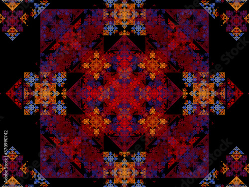 Fractal pattern consisting of squares and triangles in dark red and blue tones on a black background