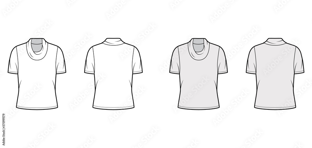 Cowl turtleneck jersey sweater technical fashion illustration with short sleeves, oversized body. Flat outwear apparel template front, back white grey color. Women, men unisex shirt top CAD mockup Cowl turtleneck jersey sweater technical fashion illustration with short sleeves, oversized body. Flat outwear apparel template front, back white grey color. Women, men unisex shirt top CAD mockup