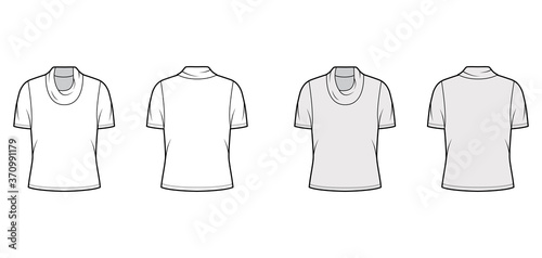 Cowl turtleneck jersey sweater technical fashion illustration with short sleeves, oversized body. Flat outwear apparel template front, back white grey color. Women, men unisex shirt top CAD mockup