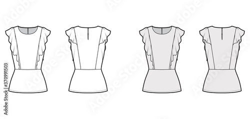 Ruffled blouse technical fashion illustration with hem, oval neck, back button-fastening keyhole, sleeveless, fitted body. Flat apparel top template front back white grey color. Women men unisex shirt