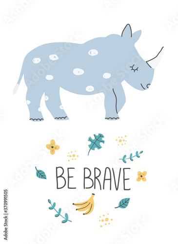 Hand Drawn baby shower poster print with rhino, hand lettering and hand drawn elements. Cute funny doodle animal poster card. Scandinavian colorful childish illustration.