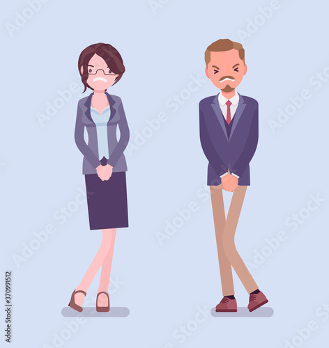 Man, woman wanting to pee, feeling discomfort. People suffering with constant urge, urinary tract infection, overactive bladder, health disorder, needing a wc. Vector flat style cartoon illustration