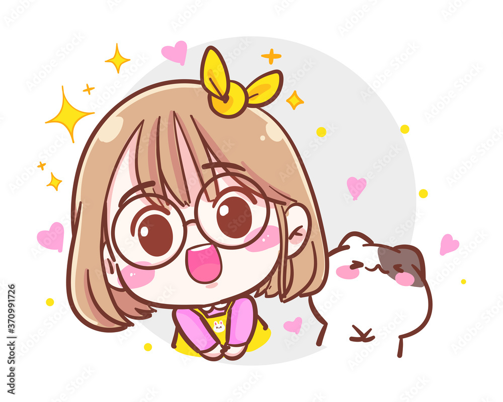 Character of cute girl and little cat congratulate emotion isolated on white background with congratulation or blessing concept. Character of cute girl and little cat congratulate emotion isolated on white background with congratulation or blessing concept.