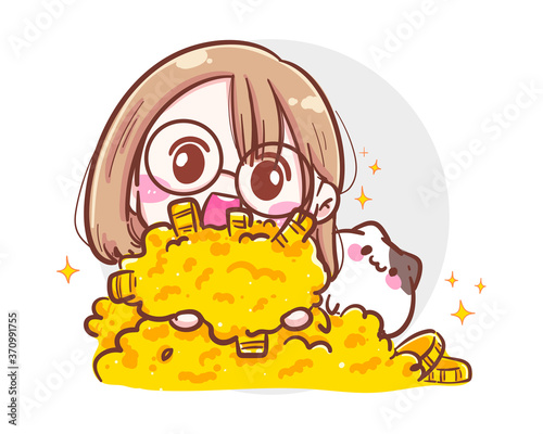 Character of rich girl and many gold coin or treasure isolated on white background with successful of business.