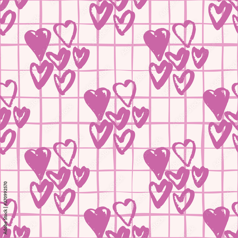 Lilac heart hand drawn elements seamless pattern. White background with check. Simple love backdrop.