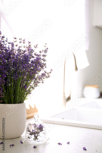 Beautiful lavender flowers on countertop in kitchen. Space for text