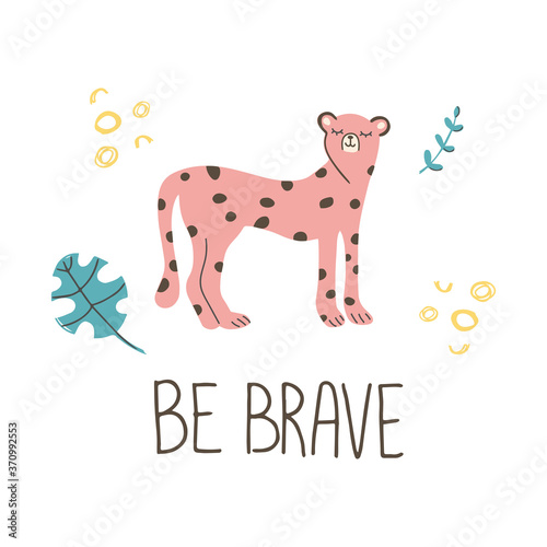 Hand Drawn baby shower poster print pink African Cheetah with hand lettering. Cute funny doodle animal card. Scandinavian colorful childish illustration.