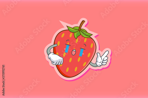 CRYING, SAD, SOB, CRY Face Emotion. Finger Gun Hand Gesture. Red Strawberry Fruit Cartoon Drawing Mascot Illustration.
